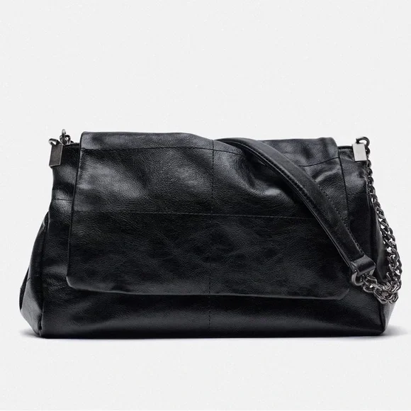 バッグ zara rock flap shoulder bag Zara Rock Flap Soft Shoulder Bag Black 6360/615/040 Chain